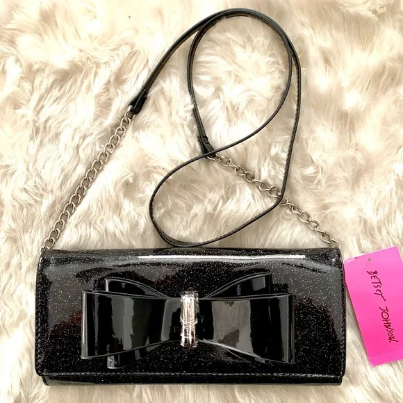 NWT BETSEY JOHNSON BLACK PATENT XOLYLA SHIMMER/GLITTER PURSE CLUTCH WITH BOW - Picture 2 of 12